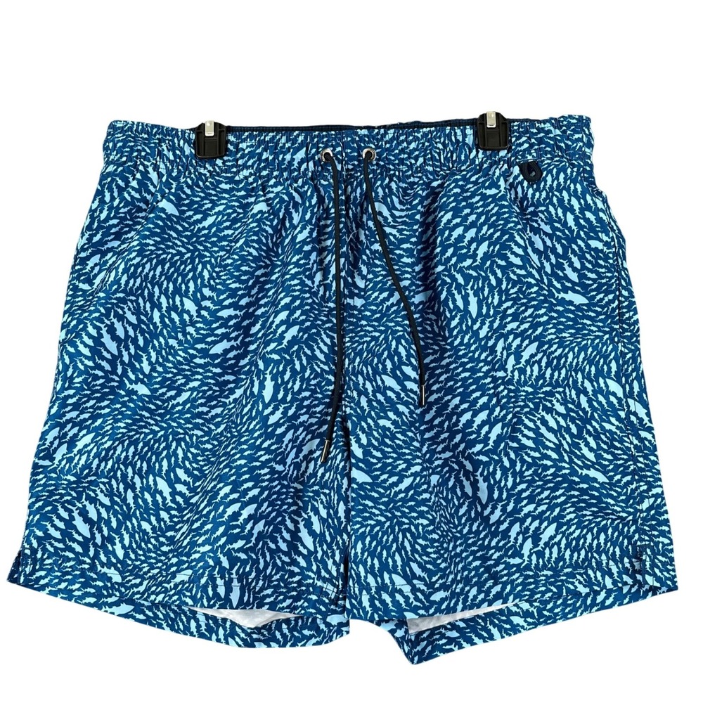 Lands End Swim Trunks Mens L Blue Shark Print Elastic Waist Beach Pool